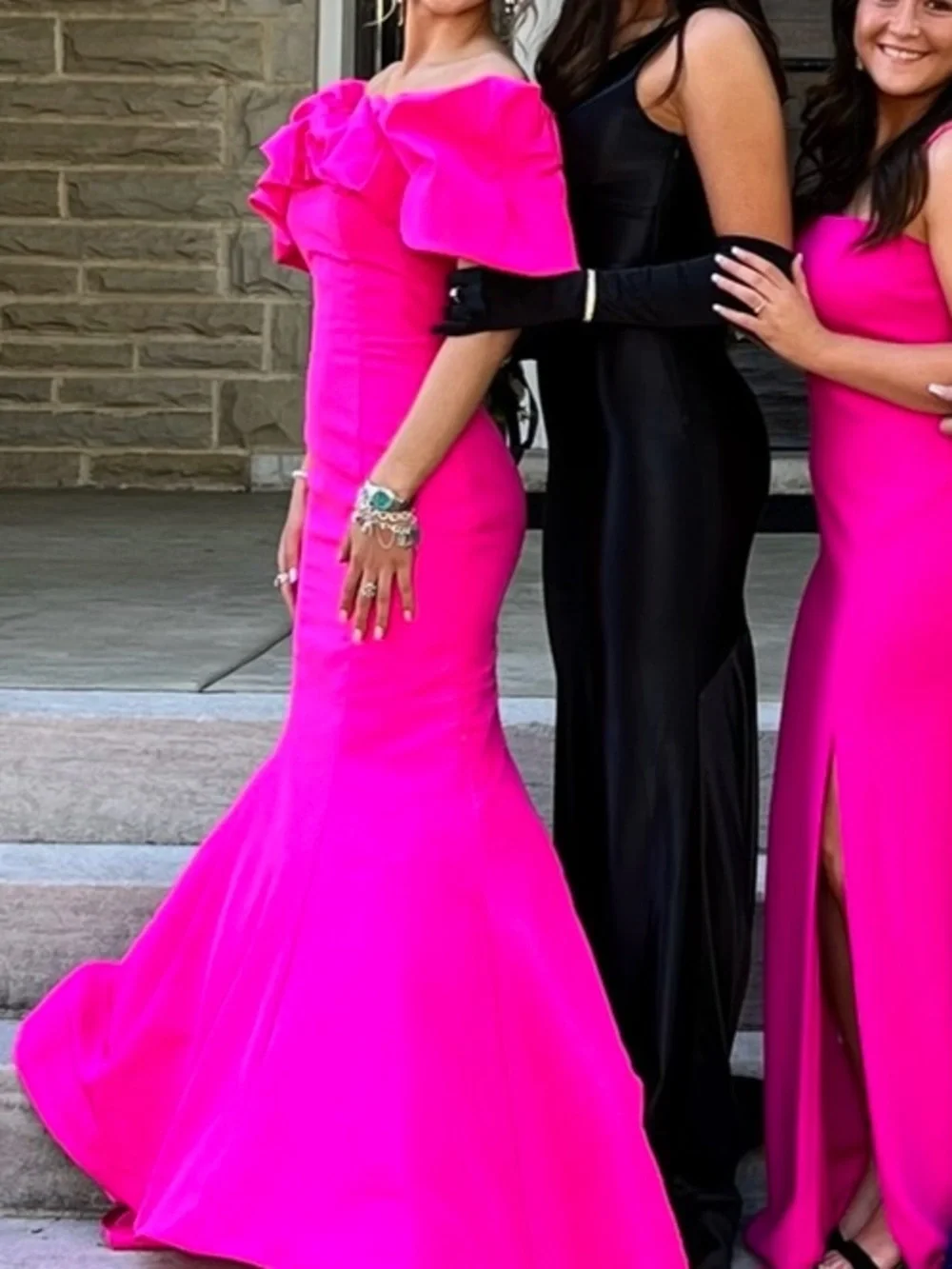 Sherri Hill Hot Pink Off-Shoulder Ruffle Mermaid Gown - Picture 5 of 5
